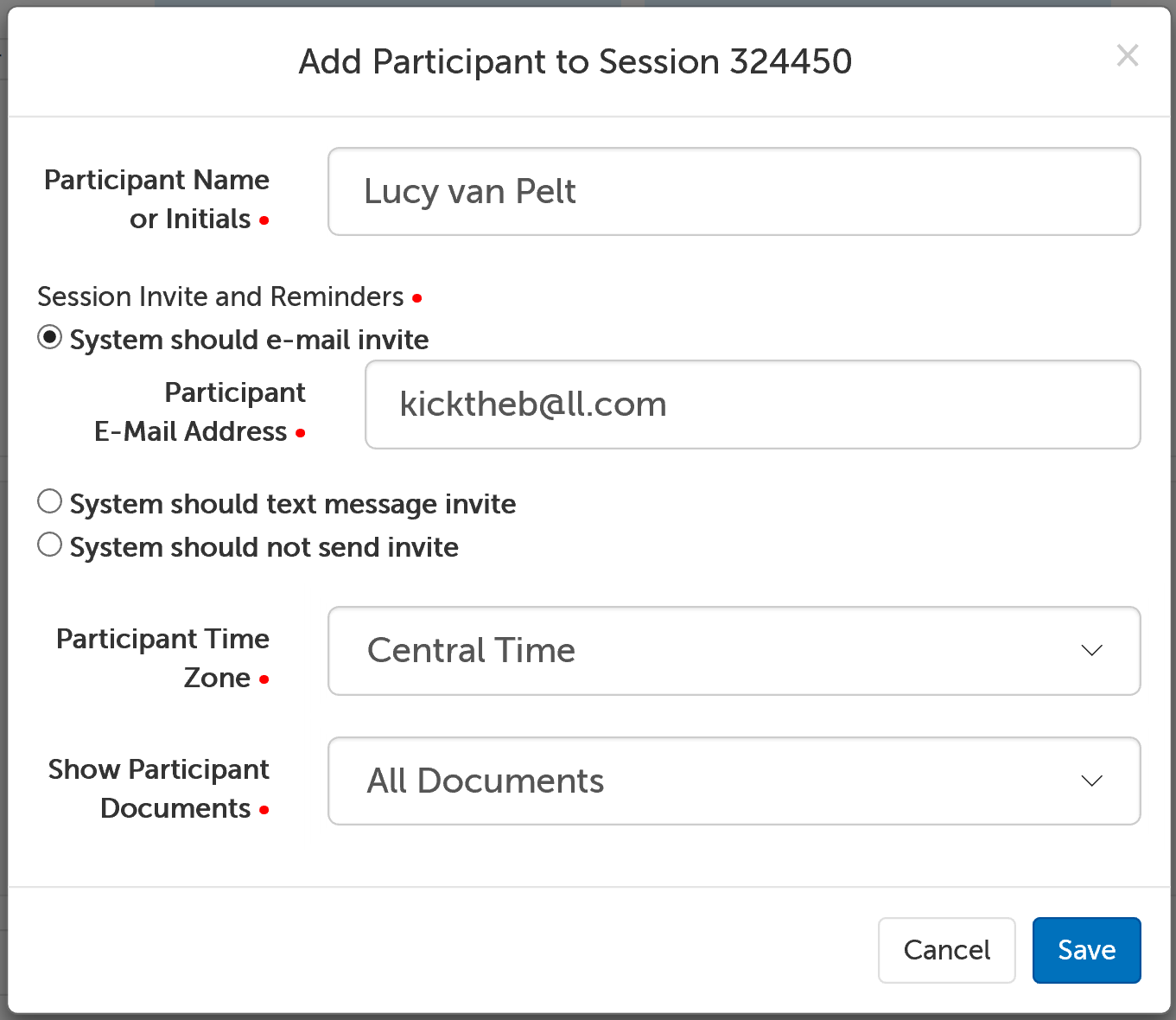 Screencap showing the Add Session Participant form