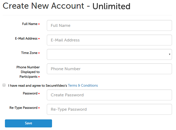 Fields required to create a SecureVideo account