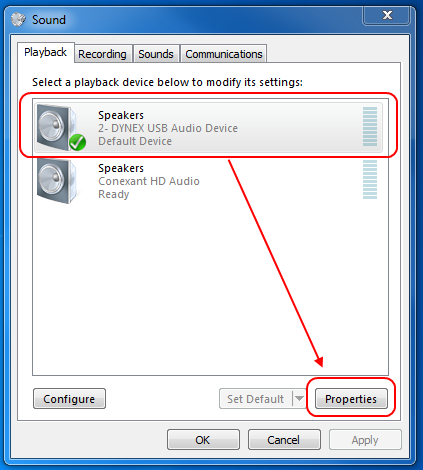 Screencap showing how to find the properties for a speaker