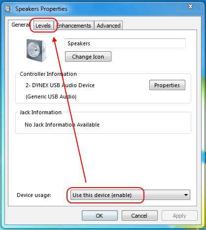 Screencap showing the general properties of the selected speakers device