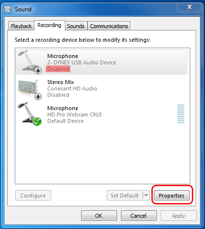 Screencap showing the Properties button