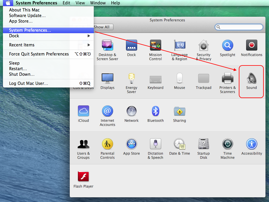 Screencap showing how to find the Preferences menu, and the controls for Sound