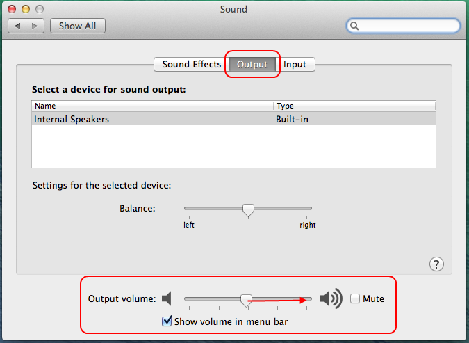 Screencap showing where to find the output tab and volume