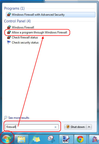 Screencap showing where to find the Windows Start Menu, search bar, and proper link to click.