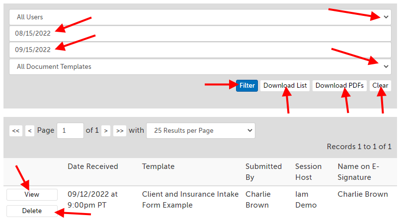Filters for searching e-documents. Parameters and buttons described above. Columns in image: Date Received, Template, Submitted By, Session Host, Name on E-Signature