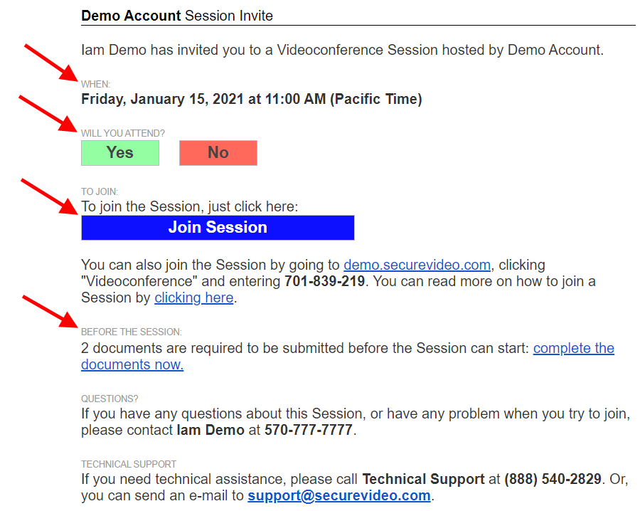 Sample invite, arrows pointing to each section