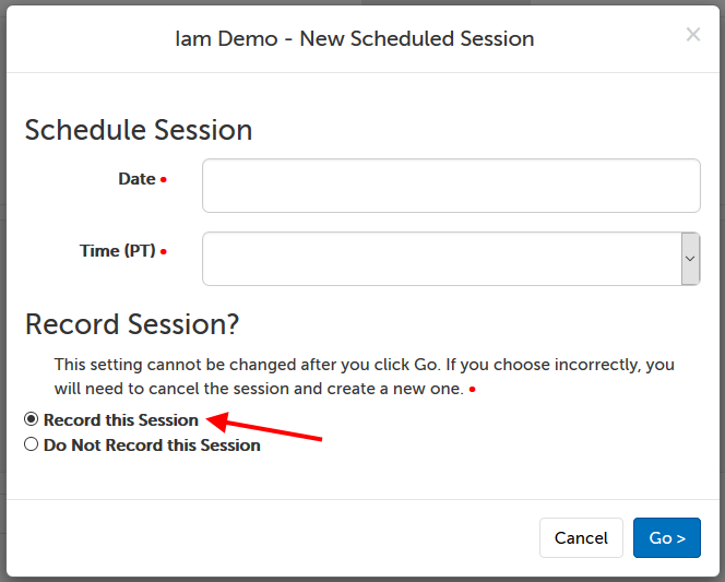 Record this Session radio button