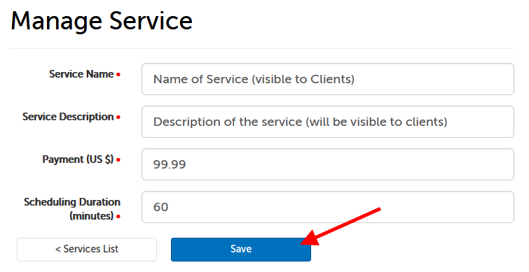 Fields required to create a service, listed in text