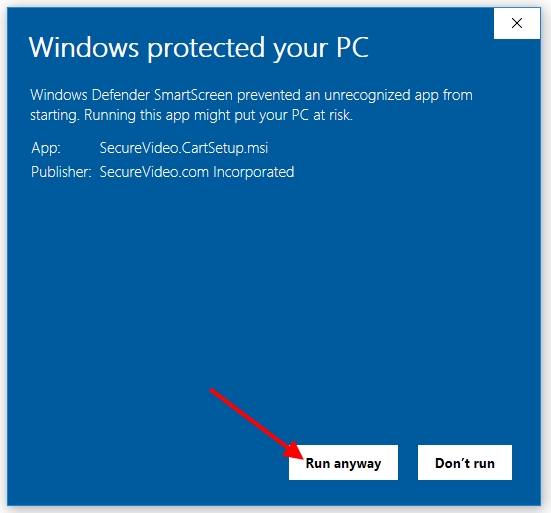 Expanded area reads: App: SecureVideo.CartSetup.msi; Publisher: SecureVideo.com Incorporated. Button: Run anyway
