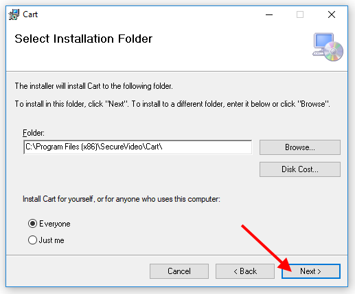 Select installation folder, also choose to install Cart for yourself or for anyone who uses this computer