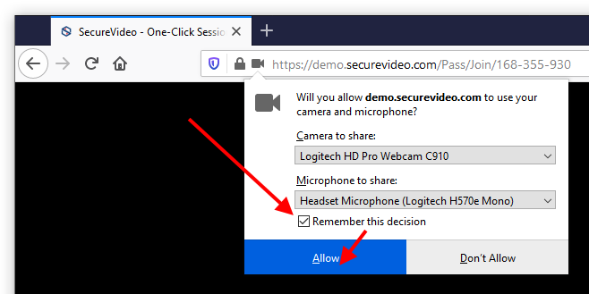 Arrow pointing to the checkbox next to "Remember this decision" and then another arrow pointing to the "Allow" button