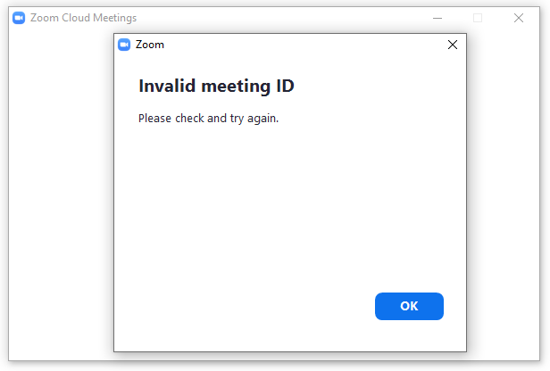 Zoom error message: Invalid Meeting ID