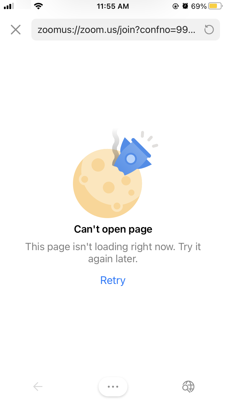 Illustrated image of a rocketship crashing into a moon. Text: Can't open page. This page isn't loading right now. Try it again later. Retry"